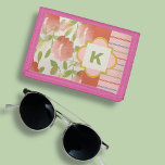 Coral Floral Phone Monogram  Trifold Wallet<br><div class="desc">This floral and striped trifold wallet is ready for your monogram.  Pretty feminine two-pattern design in soft pink and coral colours with muted green accents. Just edit your monogram in the "personalize" button.</div>