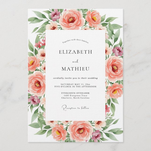 Coral Floral Romance Wedding Invitation (Front)
