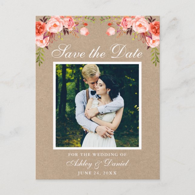 Coral Floral Save the Date Photo Kraft Announcement Postcard (Front)