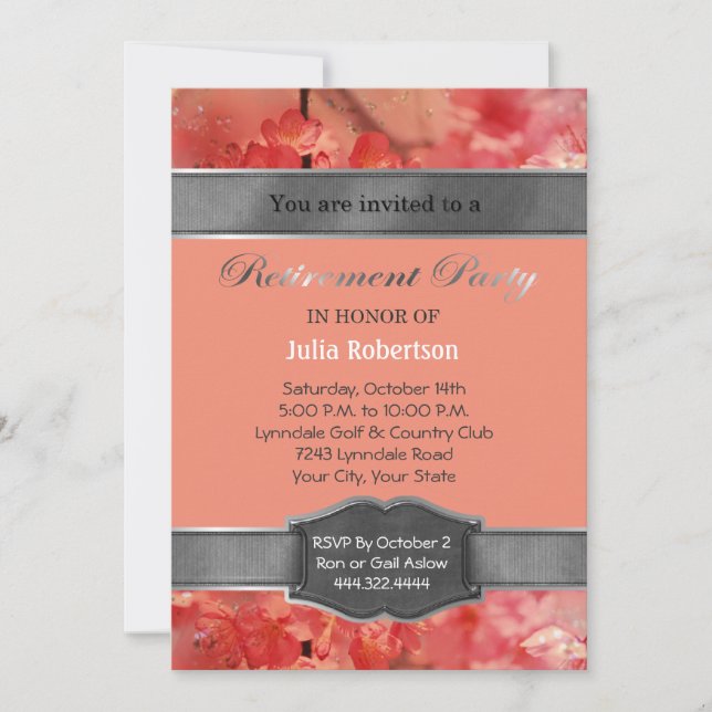 Coral Floral Sparkle Retirement Party Invitations (Front)