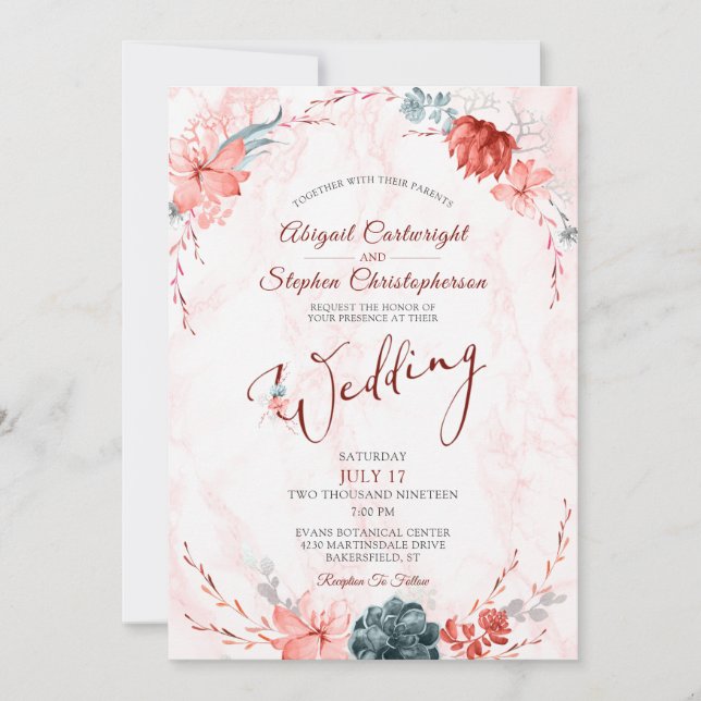 Coral Floral Succulent Marble Wedding Invitation (Front)