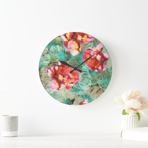 Coral Floral Teal - Boho Vintage Pillow Large Clock