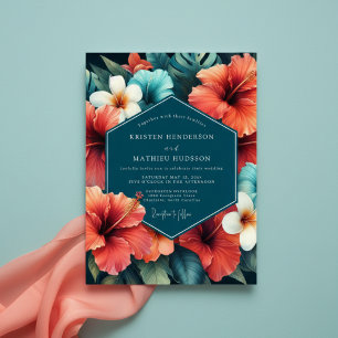 Coral Floral Tropical Opulent Wedding Invitation