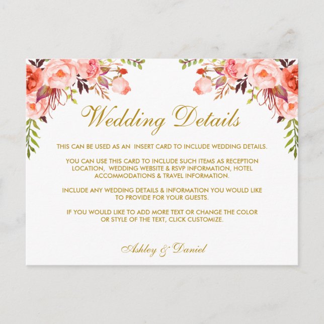 Coral Floral Wedding Details Gold Insert Card (Front)