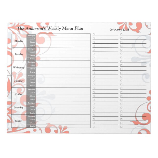 Coral Floral Weekly Personalized Menu Plan Notepad (Front)