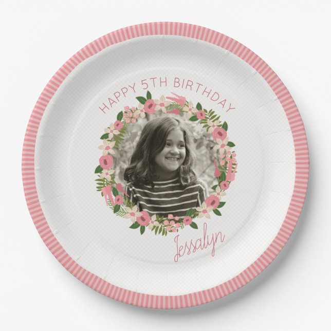 Coral Floral Wreath Personalized w/ Photo Paper Plate (Front)