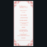 Coral Flourish Wedding Dinner Menu Cards<br><div class="desc">Modern and elegant design printed Coral Flourish Wedding Dinner Menu Cards that can be customized with your text. Check out the Graphic Art Design store for other products that match this design!</div>
