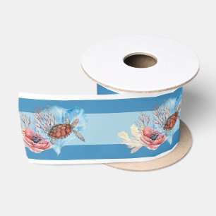 Coral flower Turtle blue watercolor illustration Satin Ribbon