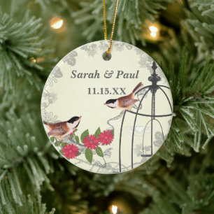 Coral Flower Vintage Bird Save the Date Bird Cage Ceramic Ornament