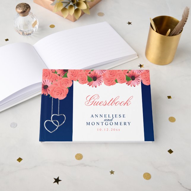 Coral Flowers and Navy Blue Guest Book (Front Open)