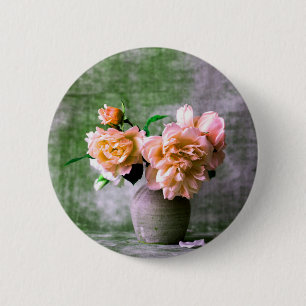 Coral Flowers in Grey Vase Pink Orange 2 Inch Round Button