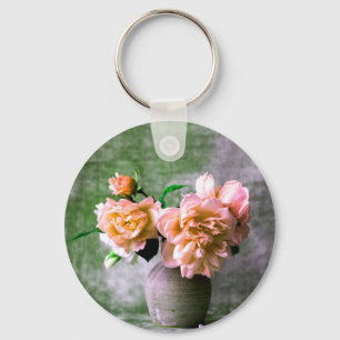 Coral Flowers in Grey Vase Pink Orange Keychain