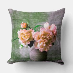 Coral Flowers in Grey Vase Pink Orange Throw Pillow