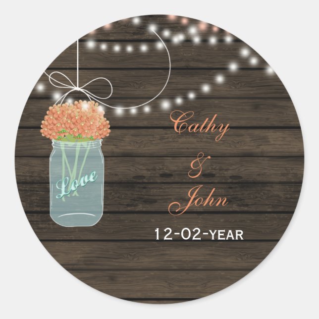 coral flowers mason jar wedding favour stickers (Front)