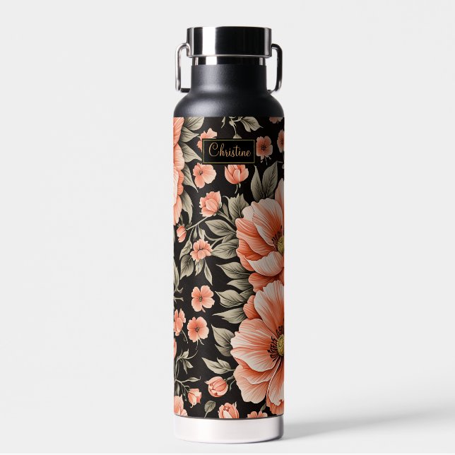 Coral Flowers on Black Water Bottle (Front)