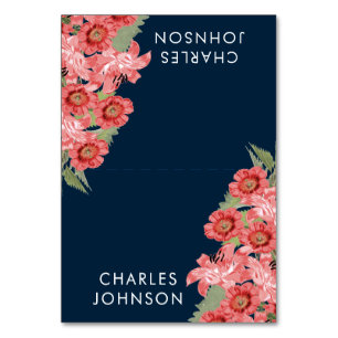 Coral Flowers on Navy Blue Wedding Place Cards