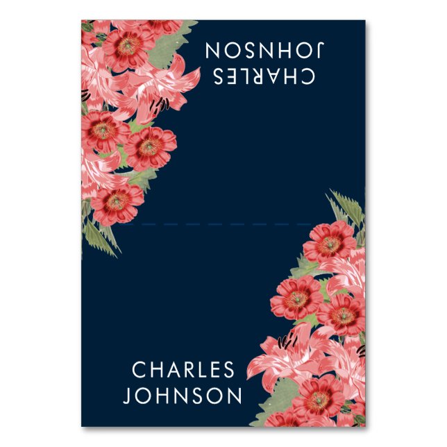 Coral Flowers on Navy Blue Wedding | Place Cards (Front)