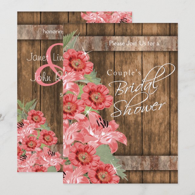 Coral Flowers on Rustic Wood - Bridal Shower Invitation (Front/Back)