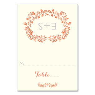 Coral foliage frame & initials wedding place card