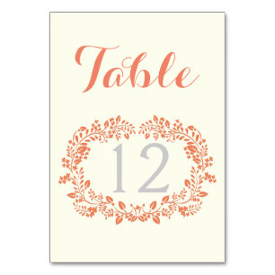 Coral foliage wreath frame wedding table number