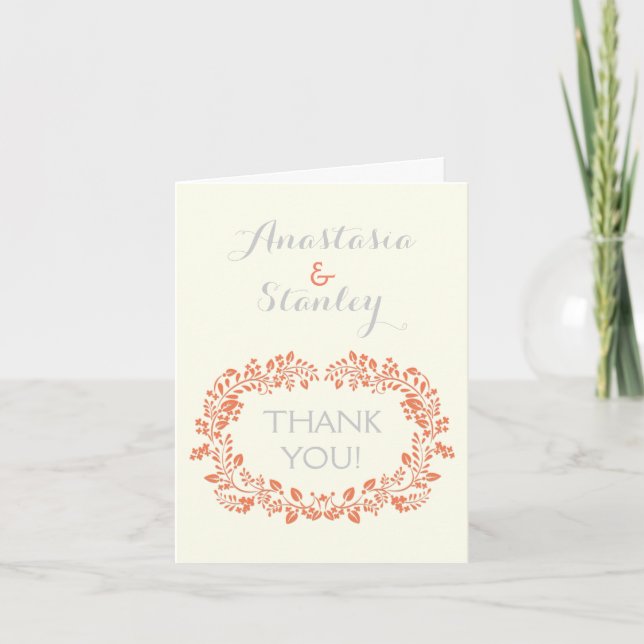 Coral foliage wreath frame wedding Thank You (Front)