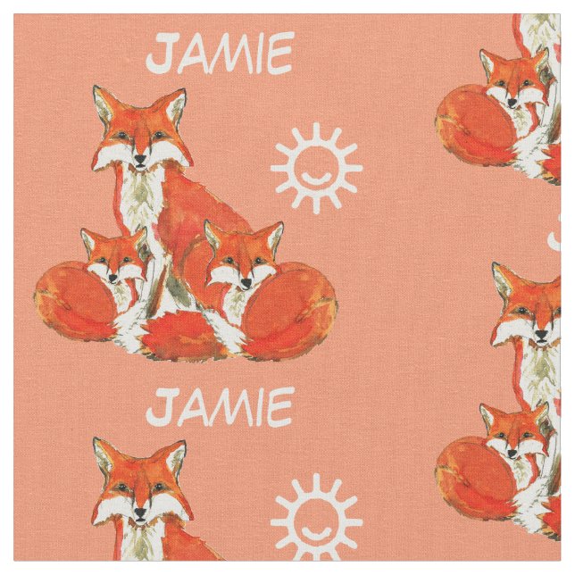 Coral Fox Family Pattern Personalized Name Fabric (Close Up)