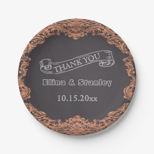 Coral frame and chalkboard wedding Thank You Paper Plate (Front)