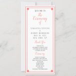 Coral Frame Wedding Ceremony Information Card<br><div class="desc">A coral frame minimalist wedding ceremony details card  that you can make your own by using the "customize this template" option to enter your wedding ceremony information. Coral coloured script and grey typography on a white background. Script and text on a clean and simple white background on the reverse.</div>