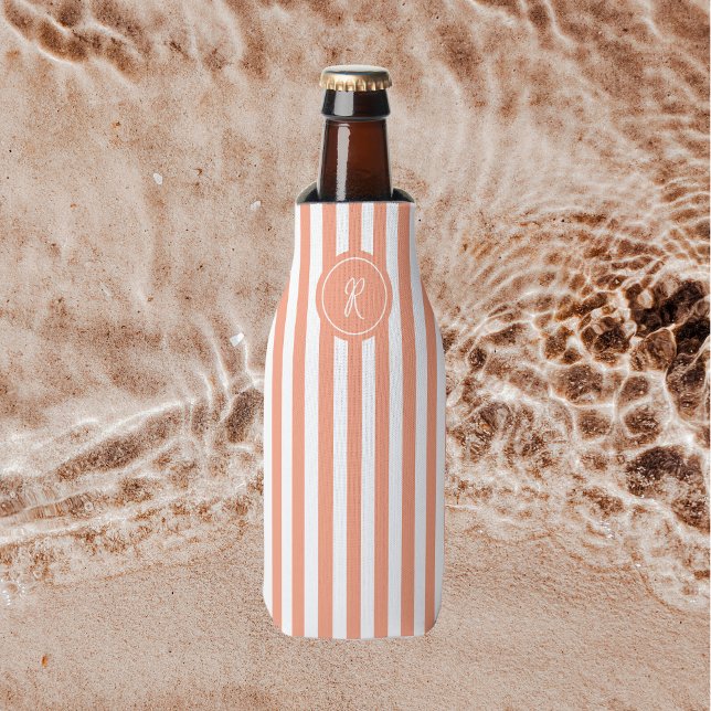 Coral French Beach Stripe Personalized Monogram Bottle Cooler (Creator Uploaded)