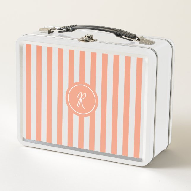 Coral French Beach Stripe Personalized Monogram Metal Lunch Box (Front)