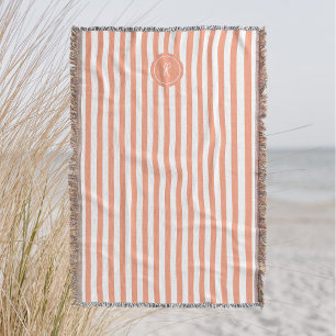 Coral French Beach Stripe Personalized Monogram Throw Blanket