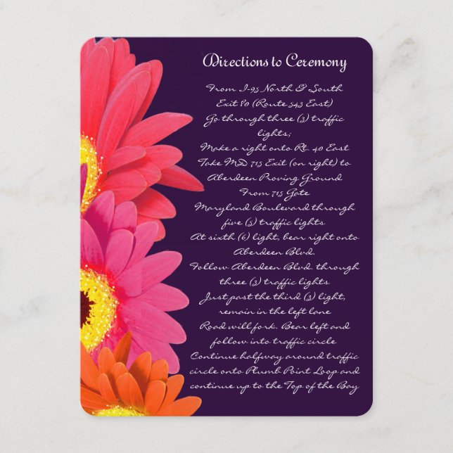 Coral Fuchsia Eggplant Gerber Daisy Direction Card (Front)