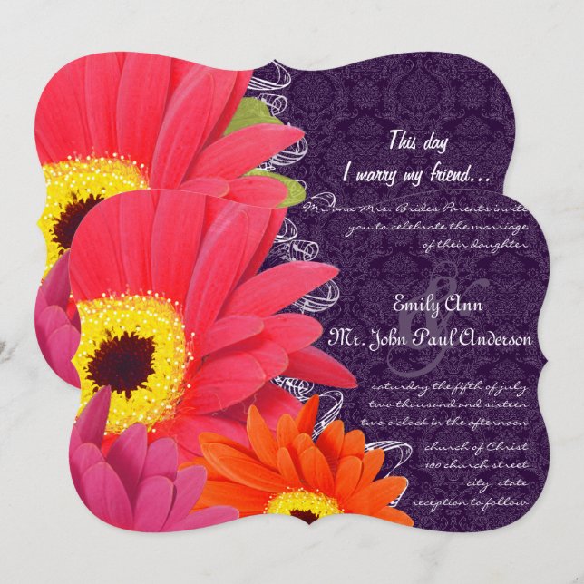Coral Fuchsia Eggplant Gerber Daisy Wedding Invitation (Front/Back)