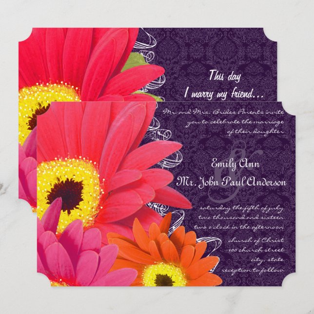 Coral Fuchsia Eggplant Gerber Daisy Wedding Invitation (Front/Back)
