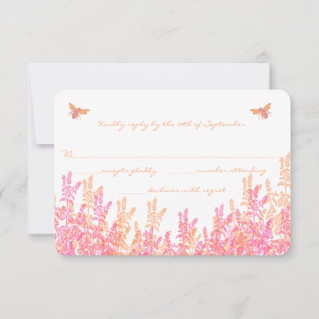 Coral & Fuchsia Wild Flower Bee Wedding RSVP (Front)