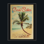 Coral Gables Palm Tree Vintage Travel Postcard<br><div class="desc">A uniquely retro mid-century modern Coral Gables Florida art print in vintage travel poster style. It features a curved palm tree on sandy beach with ocean under a blue cloudy sky.</div>