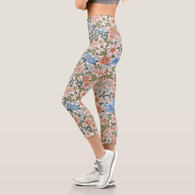 Coral Garden Flower Pattern Capri Leggings (Left)