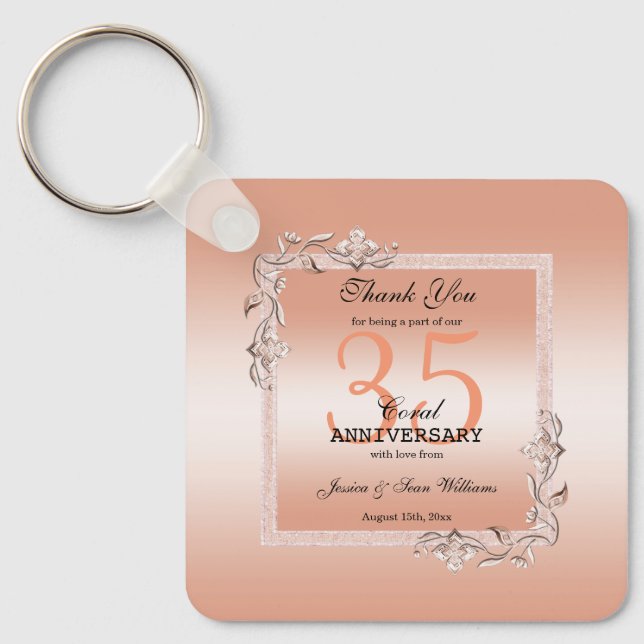 Coral Gem & Glitter 35th Wedding Anniversary Keychain (Front)