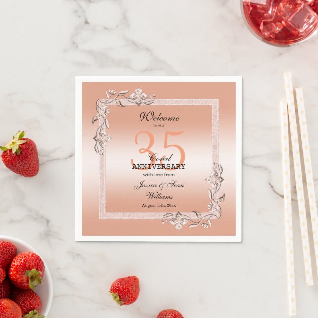  Coral Gem & Glitter 35th Wedding Anniversary  Napkin (Insitu)