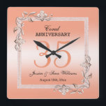 Coral Gem & Glitter 35th Wedding Anniversary  Square Wall Clock<br><div class="desc">Glamourous and elegant posh Coral 35th Wedding Anniversary wall clock with stylish coral gem stone jewels corner decorations and matching coloured glitter border frame printed on a pretty coral coloured background. A romantic design for your celebration. All text, font and font colour is fully customizable to meet your requirements. If...</div>