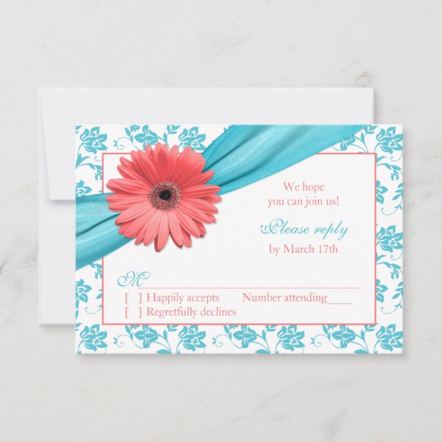 Coral Gerber Daisy Aqua Damask Mariage floral RSVP (Devant)