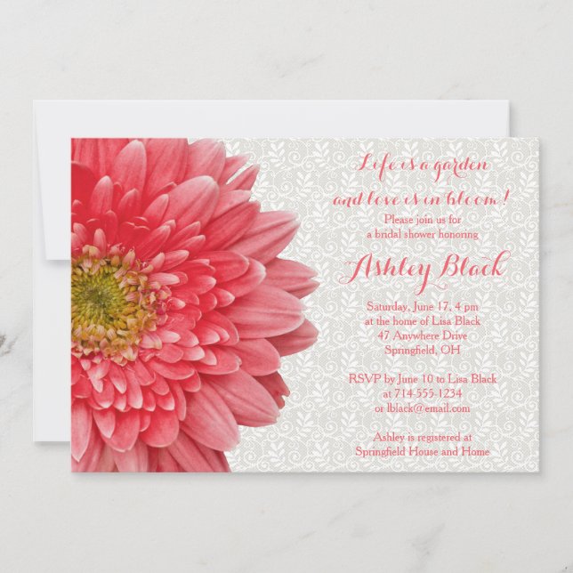 Coral Gerber Daisy Lace Bridal Shower Invitation (Front)