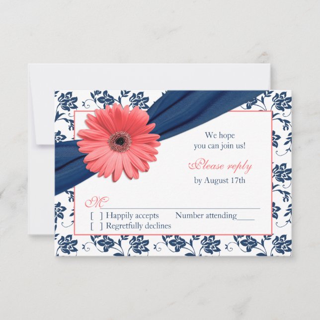 Coral Gerber Daisy Navy Damask Floral Wedding RSVP Card (Front)