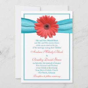 Coral Gerbera Daisy Aqua Ribbon Faire-part de mari