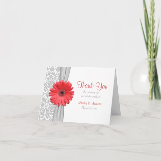 Coral Gerbera Daisy Grey Damask Wedding Thank You (Front)