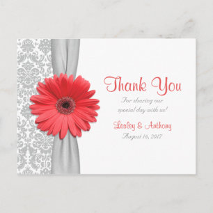 Coral Gerbera Daisy Grey Damask Wedding Thank You Postcard