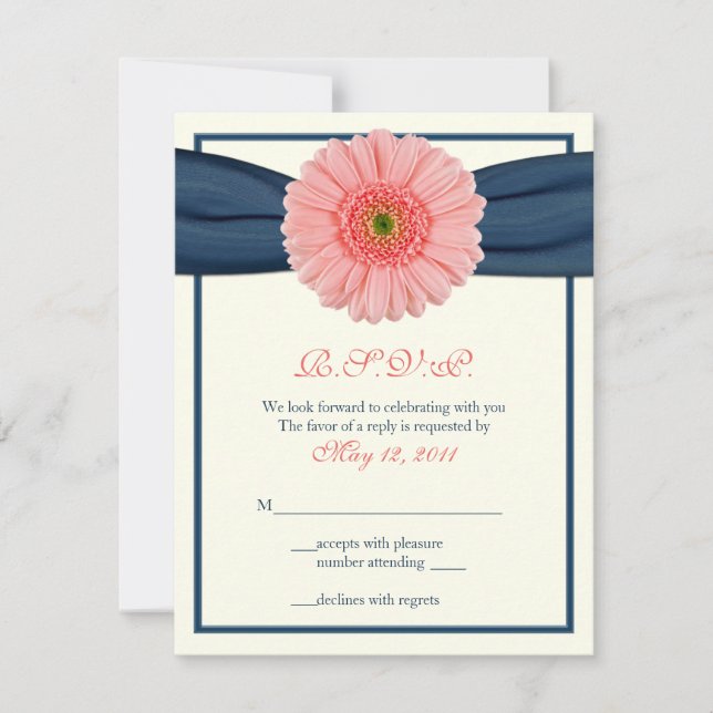 Coral Gerbera Daisy Navy Ribbon Response Card (Front)