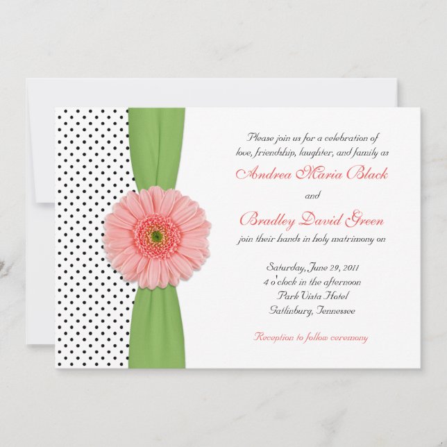Coral Gerbera Daisy Polka Dot Faire-part de mariag (Devant)