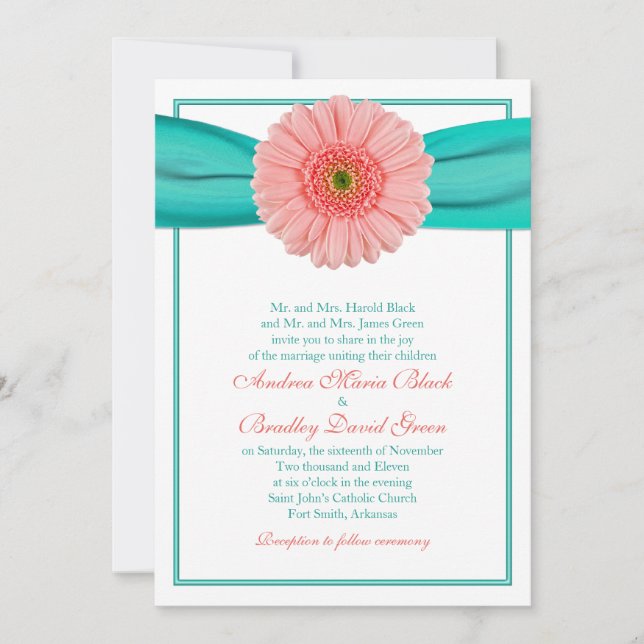 Coral Gerbera Faire-part de mariage Turquoise (Devant)