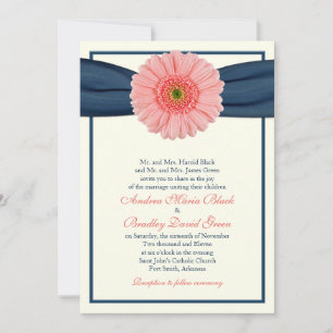 Coral Gerbera Marine Ribbon Faire-part de mariage